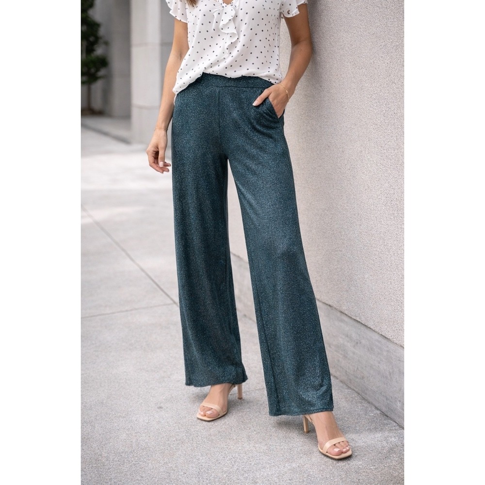 Roberto Collina Metallic Knit Wide Leg Pants Teal Blue Mare Made in Italy Size M